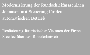 Modernisierung der Rundschleifmaschinen Johanson mit Steuerung für den automatischen Betrieb Realisierung futuristischer Visionen der Firma Steeltec über den Roboterbetrieb