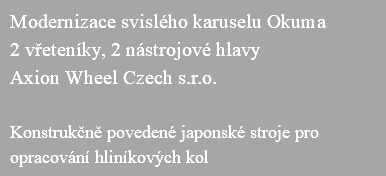 Modernizace svislého karuselu Okuma 2 vřeteníky, 2 nástrojové hlavy Axion Wheel Czech s.r.o. Konstrukčně povedené japonské stroje pro opracování hliníkových kol